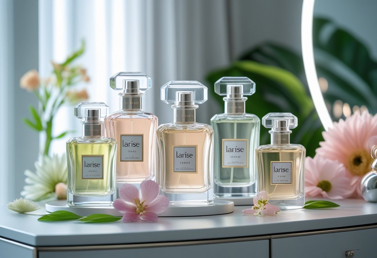 Mehrere Larise-Parfümflaschen auf einem modernen Schminktisch mit Blumen und Blättern dekoriert.
