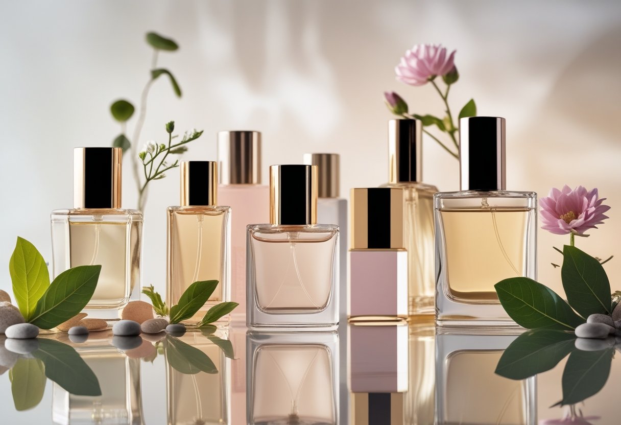 Mehrere elegante Parfümflaschen auf einem reflektierenden Untergrund, umgeben von Blumen und Blättern.