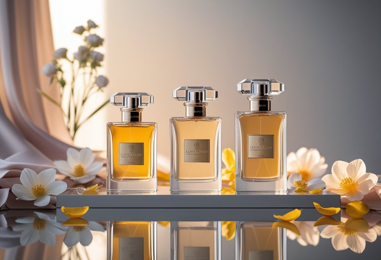 Mehrere elegante Parfümflaschen auf einem reflektierenden Tisch mit Blumen und weichem Stoff im Hintergrund.