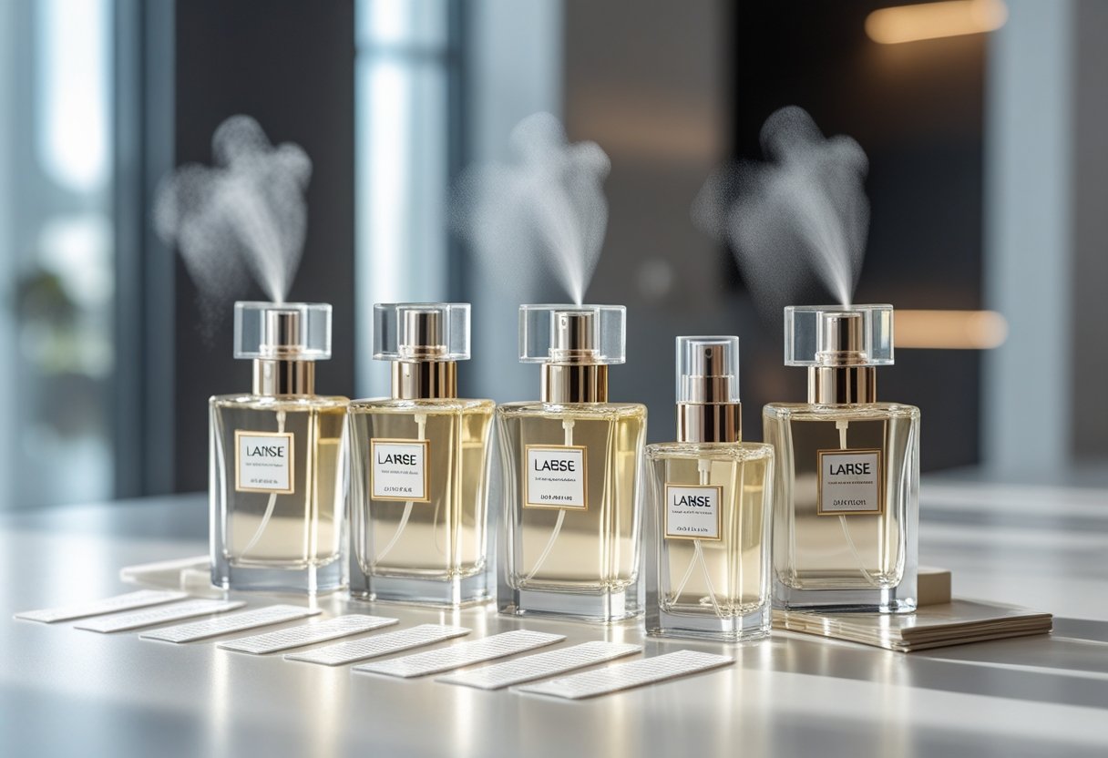 Mehrere elegante Larise-Parfümflaschen auf einem hellen Tisch mit Duftproben in einem modernen Raum.
