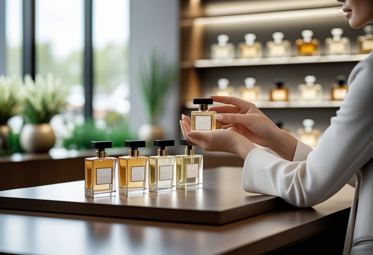 Eine Person hält eine Parfümflasche in einem eleganten Geschäft mit mehreren Parfüms auf einem Tisch.