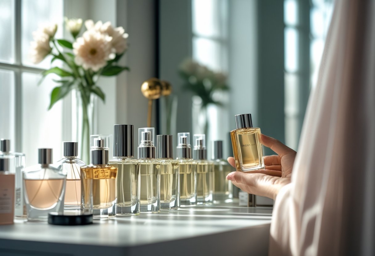 Eine Hand hält eine Parfümflasche an einem modernen Schminktisch mit mehreren Flaschen und Blumen im Hintergrund.