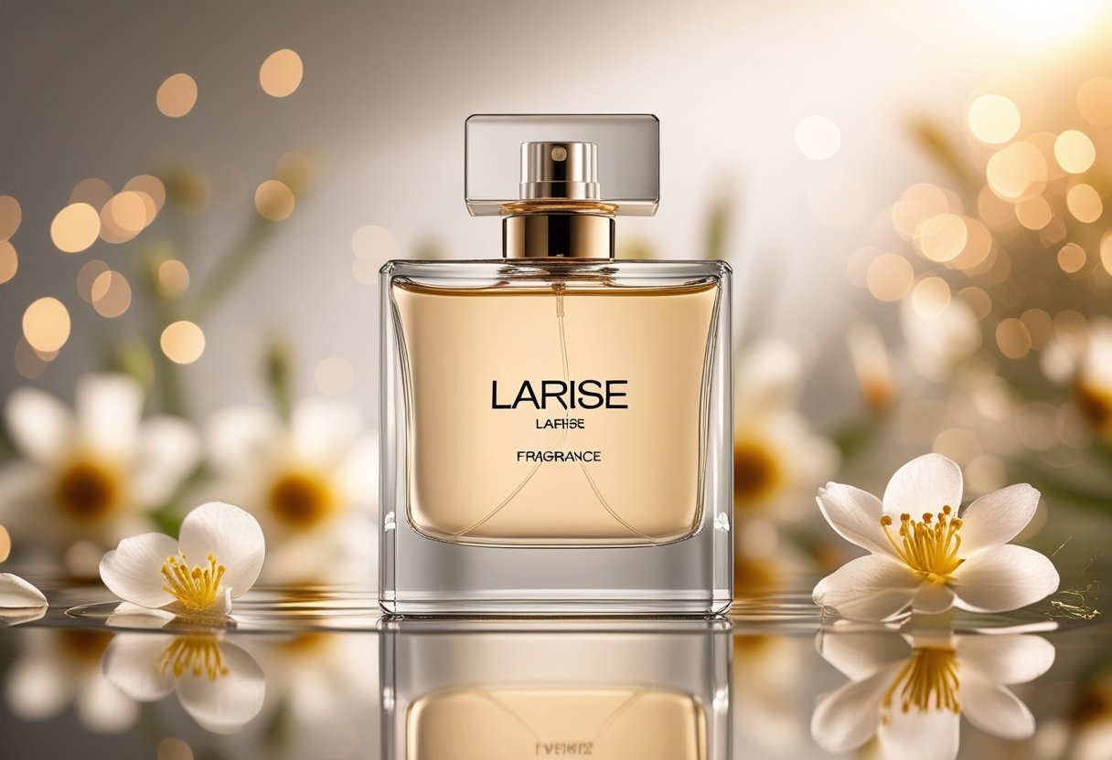 Eine elegante Parfümflasche steht auf einer reflektierenden Oberfläche, umgeben von zarten Blütenblättern und warmem Licht.