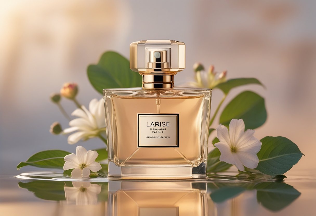 Ein eleganter Parfümflakon steht auf einer reflektierenden Oberfläche, umgeben von Blumen und Blättern.