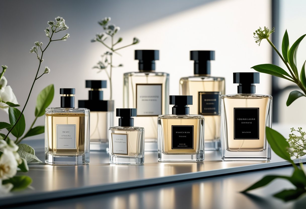 Mehrere elegante Parfümflaschen auf einer modernen Oberfläche mit Blumen und Pflanzen im Hintergrund.