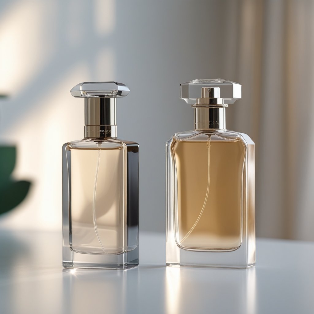 Zwei elegante Parfümflaschen stehen nebeneinander auf einem weißen Untergrund.