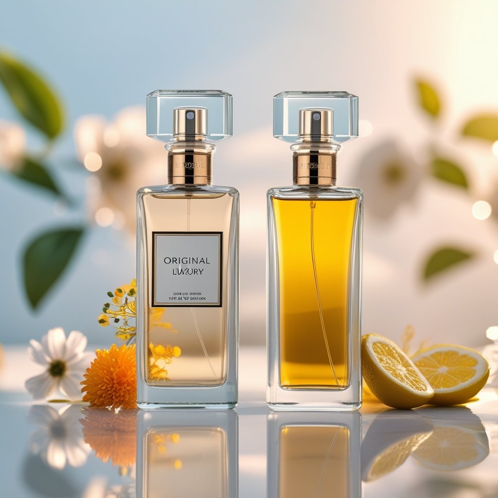 Zwei Parfümflaschen nebeneinander auf einer reflektierenden Oberfläche, umgeben von Blumen und Zitrusfrüchten.