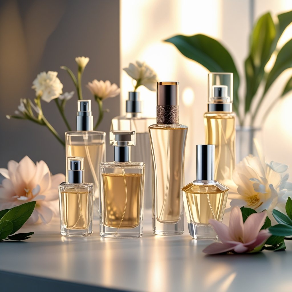 Mehrere elegante Parfümflaschen stehen auf einer modernen Oberfläche, umgeben von Blumen und Blättern.