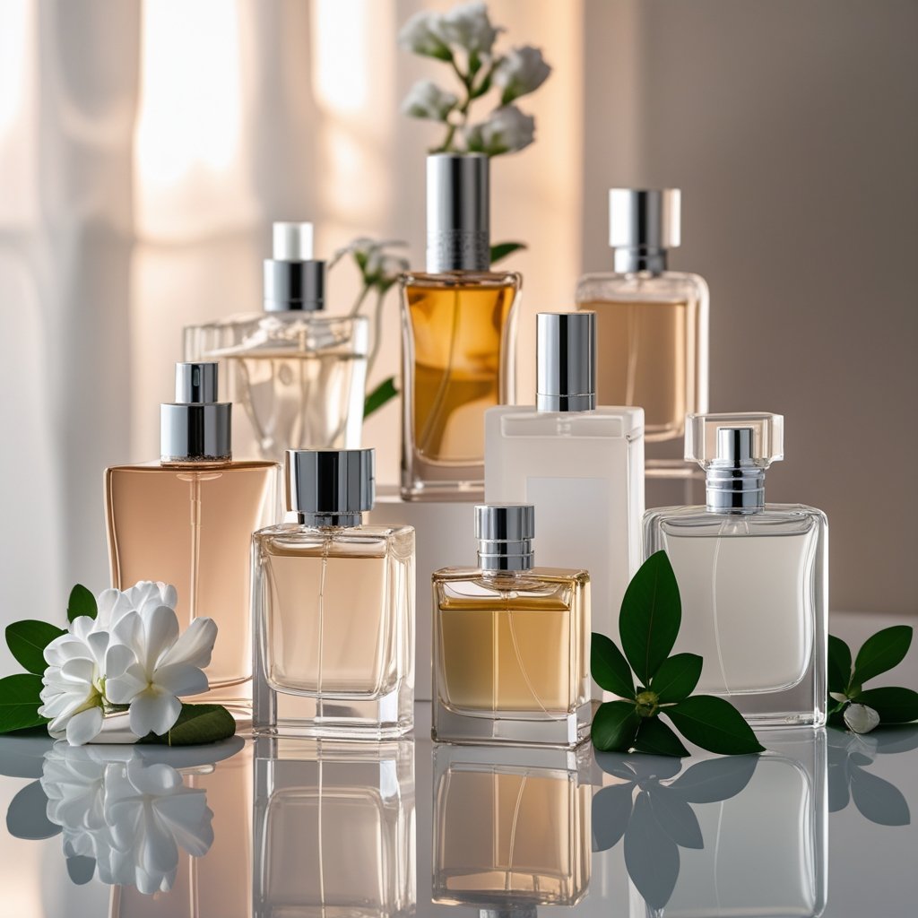 Mehrere elegante Parfümflaschen unterschiedlicher Formen auf einem sauberen, reflektierenden Untergrund mit Blumen und Blättern im Hintergrund.
