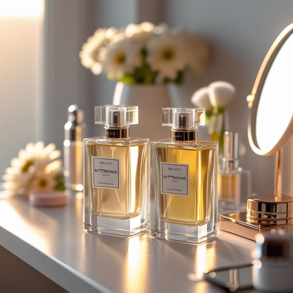 Zwei elegante Parfümflaschen stehen nebeneinander auf einem modernen Schminktisch mit Blumen und Spiegel im Hintergrund.