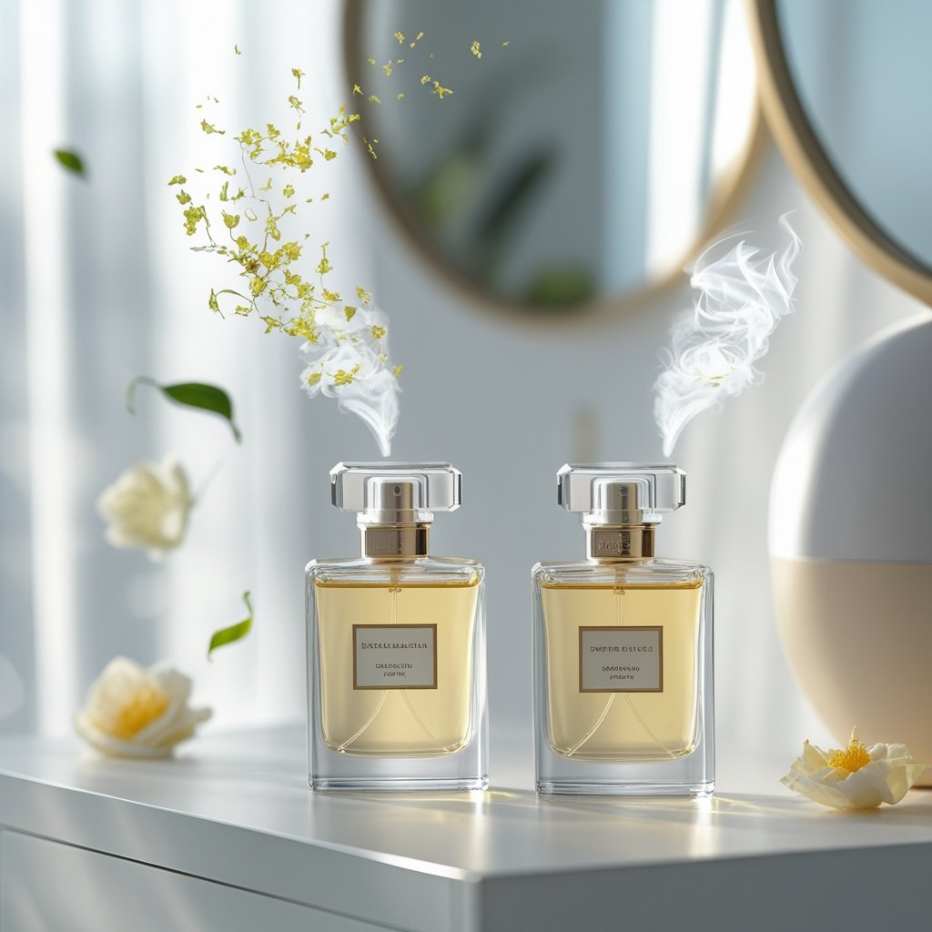 Zwei elegante Parfümflaschen stehen auf einem modernen Waschtisch mit weichem Tageslicht, umgeben von dezenten floralen und zitrischen Akzenten.